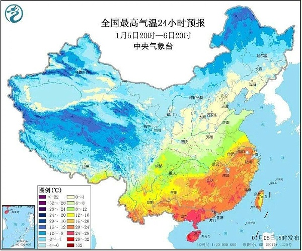 2020年1月5日，南方各地依然是普遍高温的状态